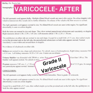 The report indicates that the varicocele improved from grade 3 to grade 2 following homeopathic treatment of varicocele.