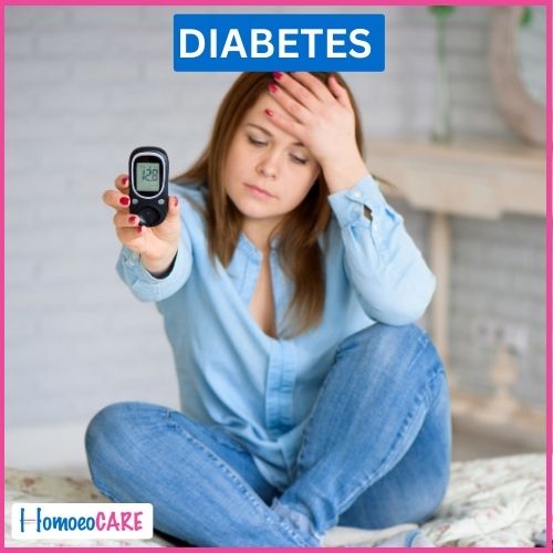 Image shows a woman tired of diabetes. In her hands, she holds a diabetes machine indicating that her blood sugar levels are too high.